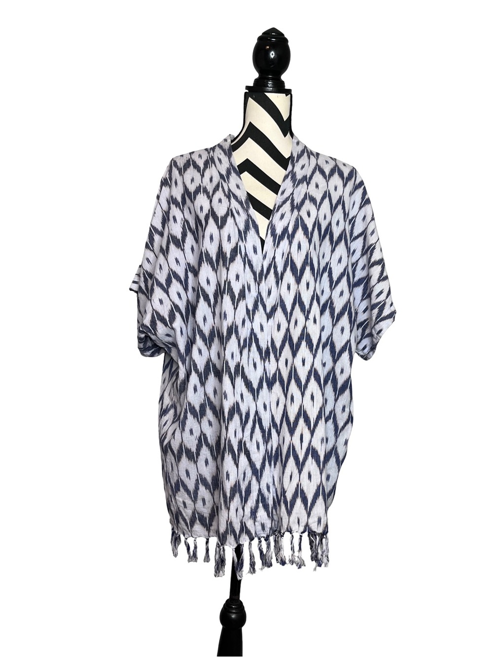 Earthbound Boho Earthy Aztec Cotton Coastal Fringe Open Front Kimono Sz S/M